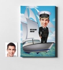 Kişiye Özel Bay Gemi Kaptanı Karikatür Kanvas Tablo (50 x 70 cm.) 1