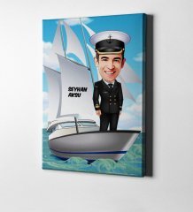 Kişiye Özel Bay Gemi Kaptanı Karikatür Kanvas Tablo (50 x 70 cm.) 1