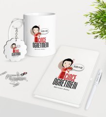 Kişiye Özel Çince Öğretmeni Kupa Anahtarlık Beyaz Defter Kalem Hediye Seti