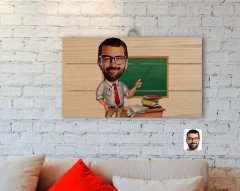 Kişiye Özel Erkek Öğretmen Karikatürlü Otantik Ahşap Palet Tablo-1