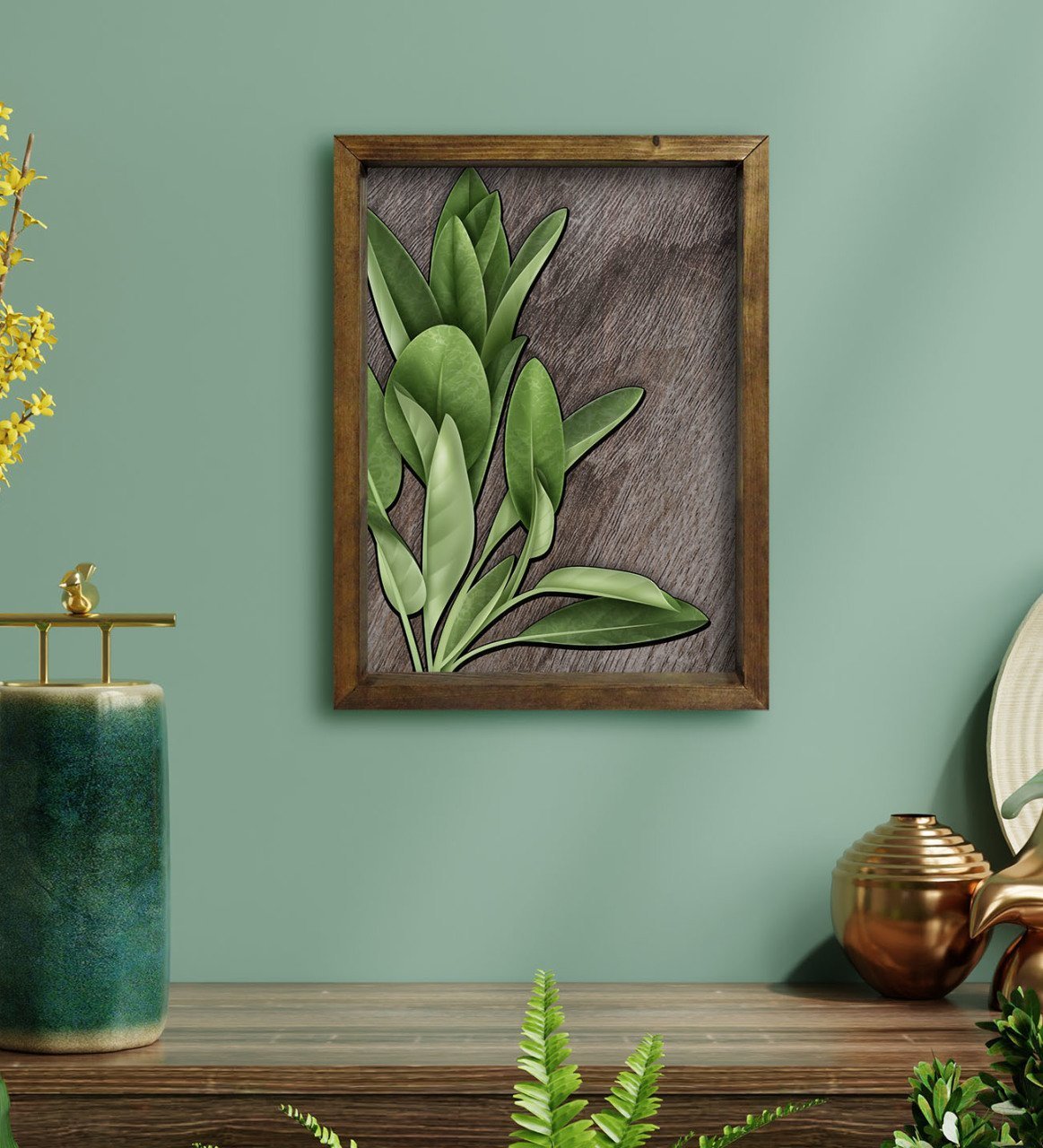 BK Home Green Plant Tasarımlı Doğal Masif Ahşap Çerçeveli Tablo-4
