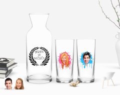Kişiye Özel Renkli Baskılı Erkek ve Kadın Karikatürlü İkili Rakı Bardağı ve Karaf Hediye Seti-31