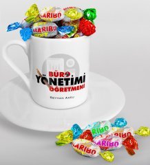Kişiye Özel Büro Yönetimi Öğretmeni Türk Kahvesi Fincanı ve Haribo Şeker Hediye Seti