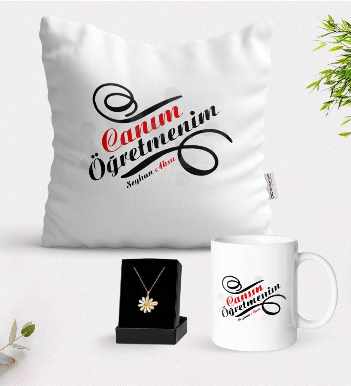 Kişiye Özel Canım Öğretmenim Beyaz Kupa Yastık ve İsimli Papatya Kolye Hediye Seti-2