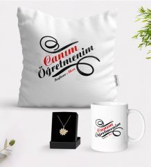 Kişiye Özel Canım Öğretmenim Beyaz Kupa Yastık ve İsimli Papatya Kolye Hediye Seti-2