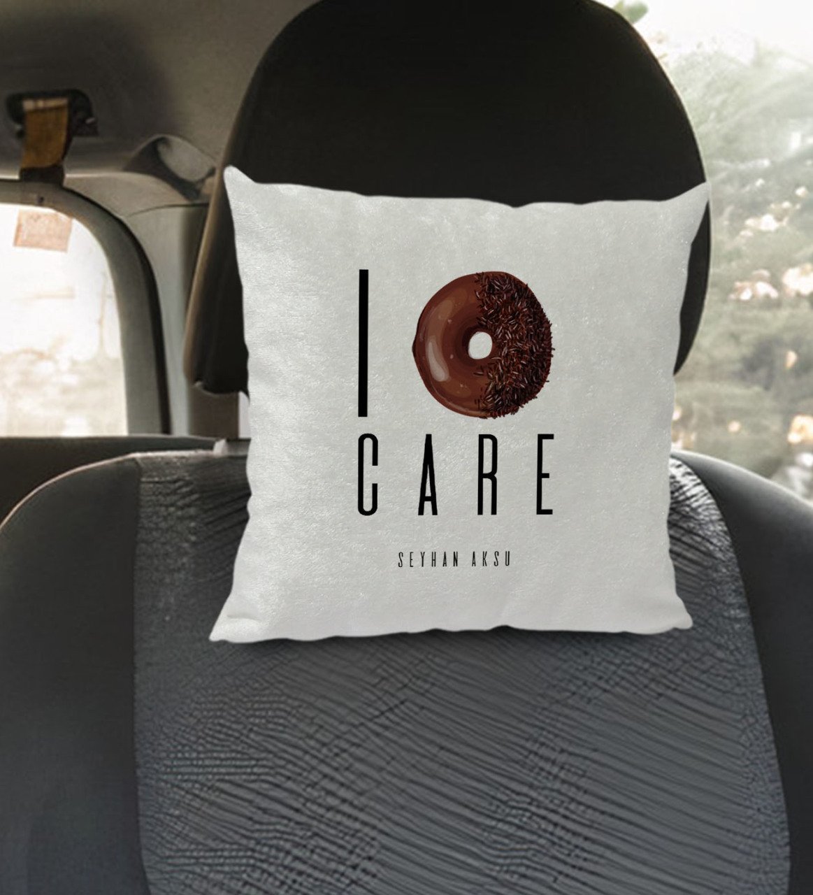 Kişiye Özel İsimli Don't Care Tasarımlı Kare Araç Koltuk Yastığı-1