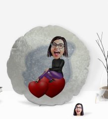 Kişiye Özel Kadın Karikatürlü Yuvarlak Dekoratif Kırlent Yastık-2