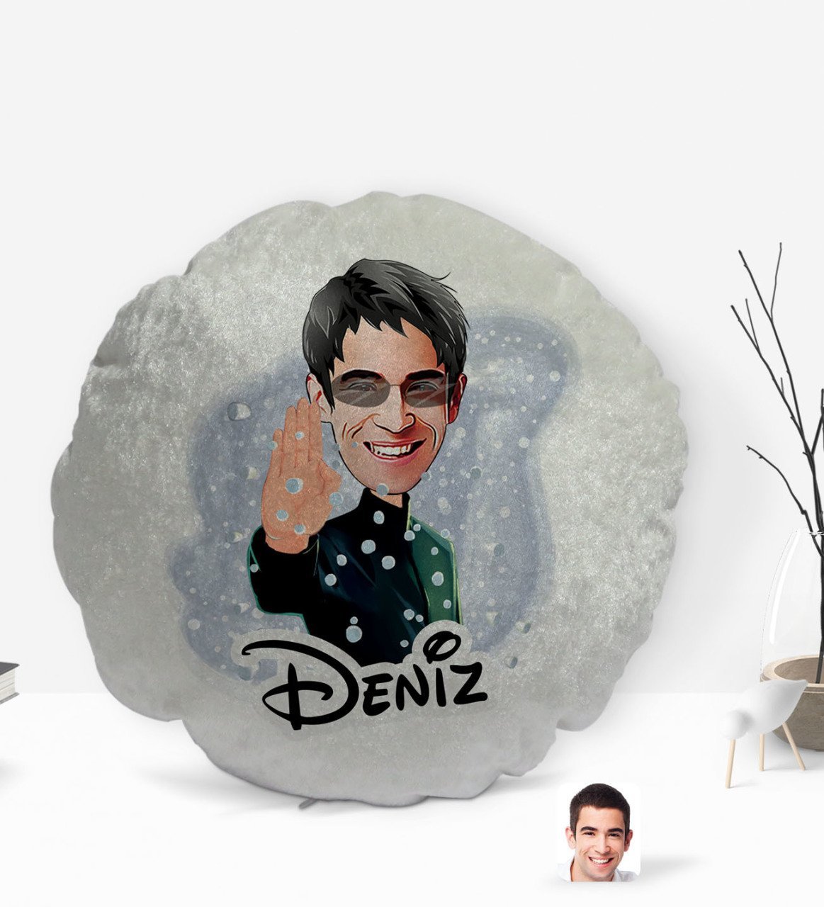 Kişiye Özel İsimli Matrix Neo Karikatürlü Yuvarlak Dekoratif Kırlent Yastık-1