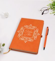 Kişiye Özel İsimli Turuncu Termo Deri Defter Kalem Seti Model 1