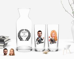 Kişiye Özel Renkli Baskılı Erkek ve Kadın Karikatürlü İkili Rakı Bardağı ve Karaf Hediye Seti-9