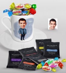 Kişiye Özel Bay Polis Karikatürlü Türk Kahvesi Fincanı Selamlique Karışık Türk Kahvesi ve Haribo Şeker Hediye Seti-3