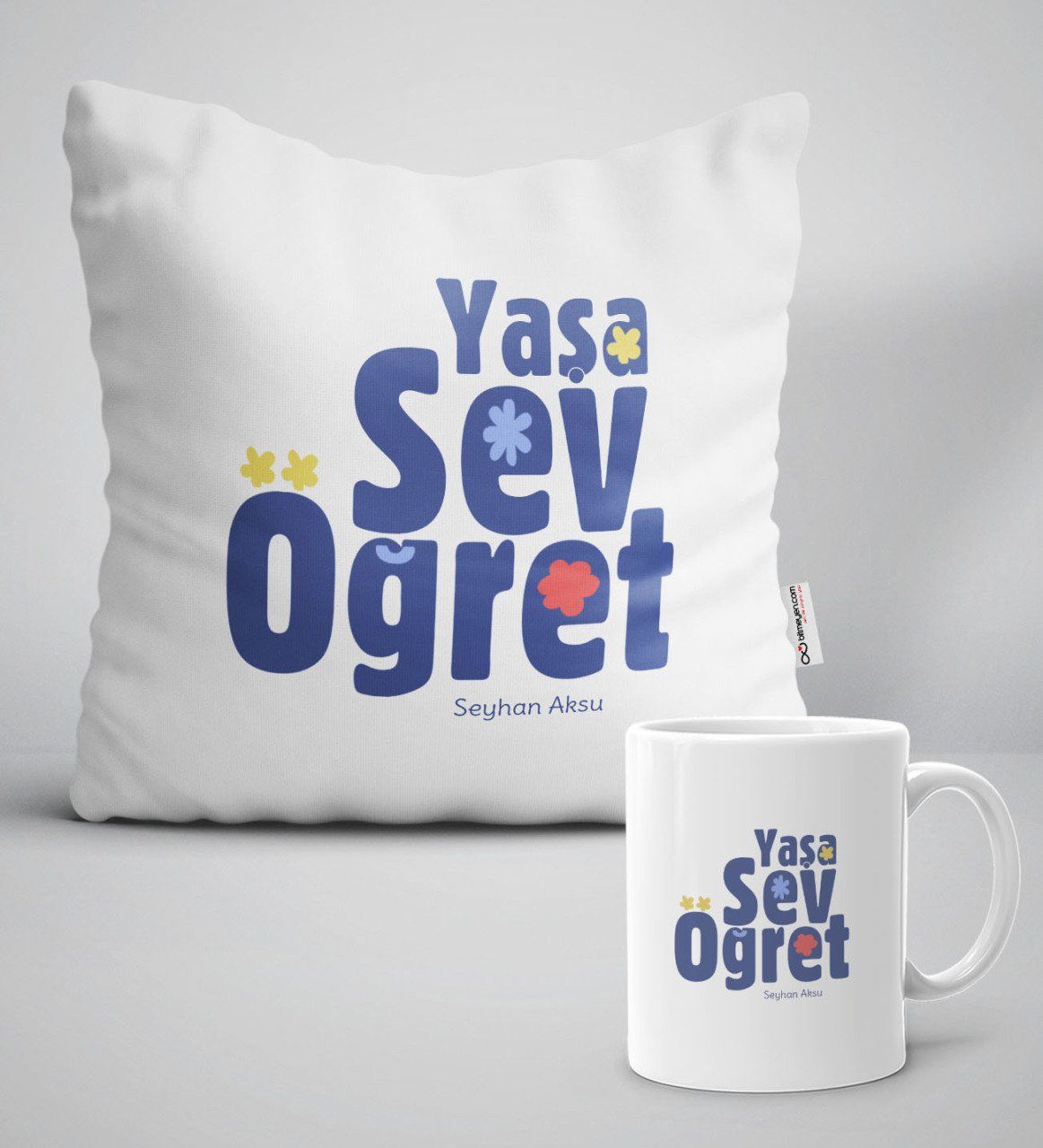 Kişiye Özel Yaşa Sev Öğret Beyaz Yastık Kupa Seti-2