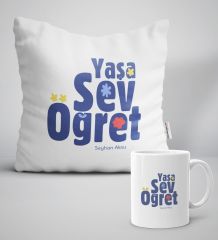 Kişiye Özel Yaşa Sev Öğret Beyaz Yastık Kupa Seti-2