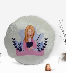 Kişiye Özel Kadın Sınıf Öğretmeni Karikatürlü Yuvarlak Dekoratif Kırlent Yastık-2
