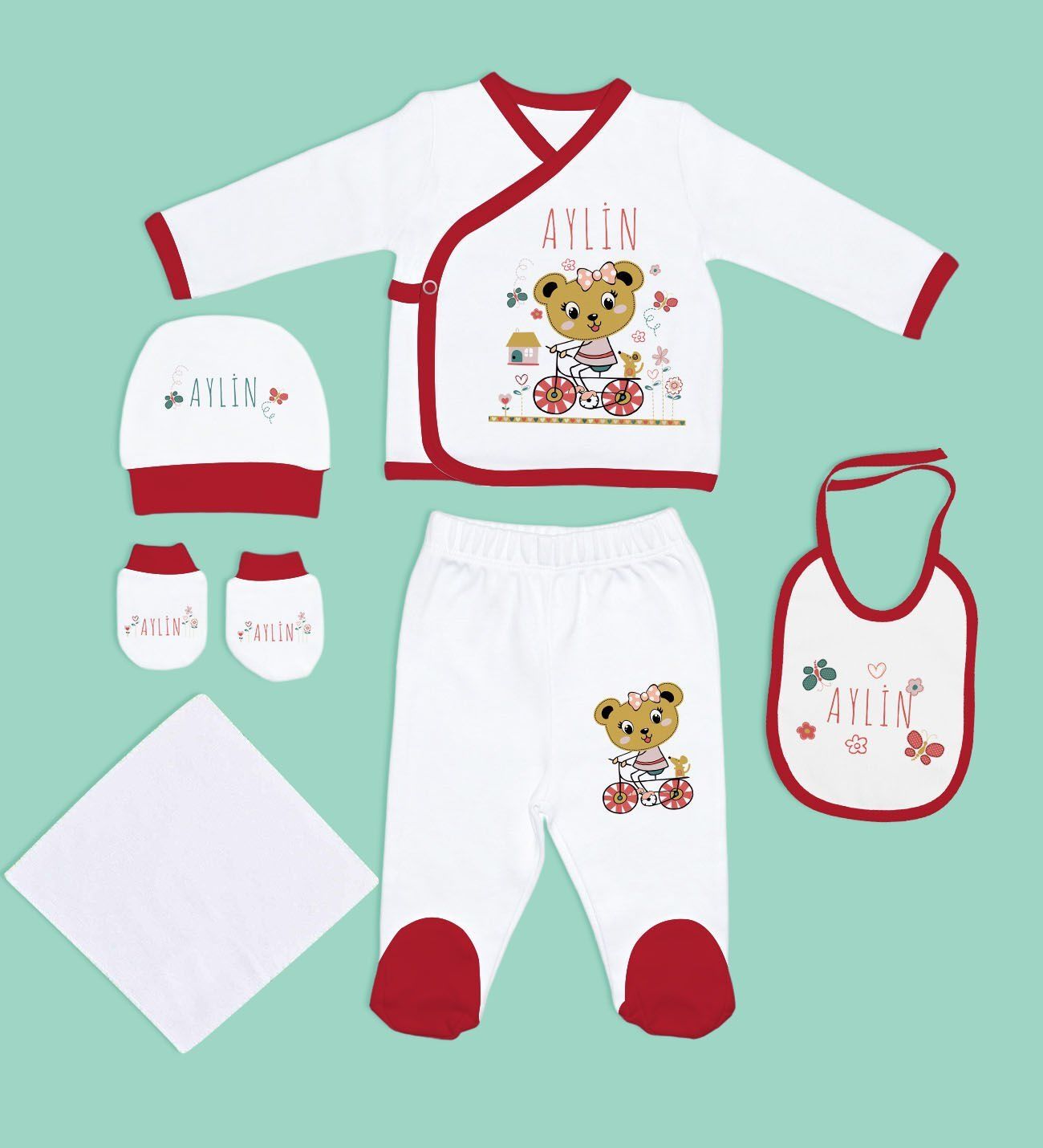 BK Kids Kişiye Özel Hastane Çıkışı, Bebek Kıyafeti, Yeni Doğan Bebek Hediyesi, 6 Parça Kırmızı Bebek Elbise Giyim Seti-4