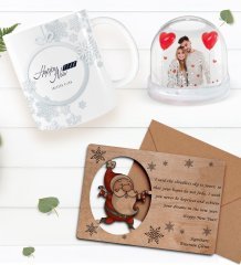 Kişiye Özel Fotoğraflı Kar Küresi & Happy New Year Kupa Bardak & Retro Ahşap Yılbaşı Tebrik Kartı Hediye Seti-3C