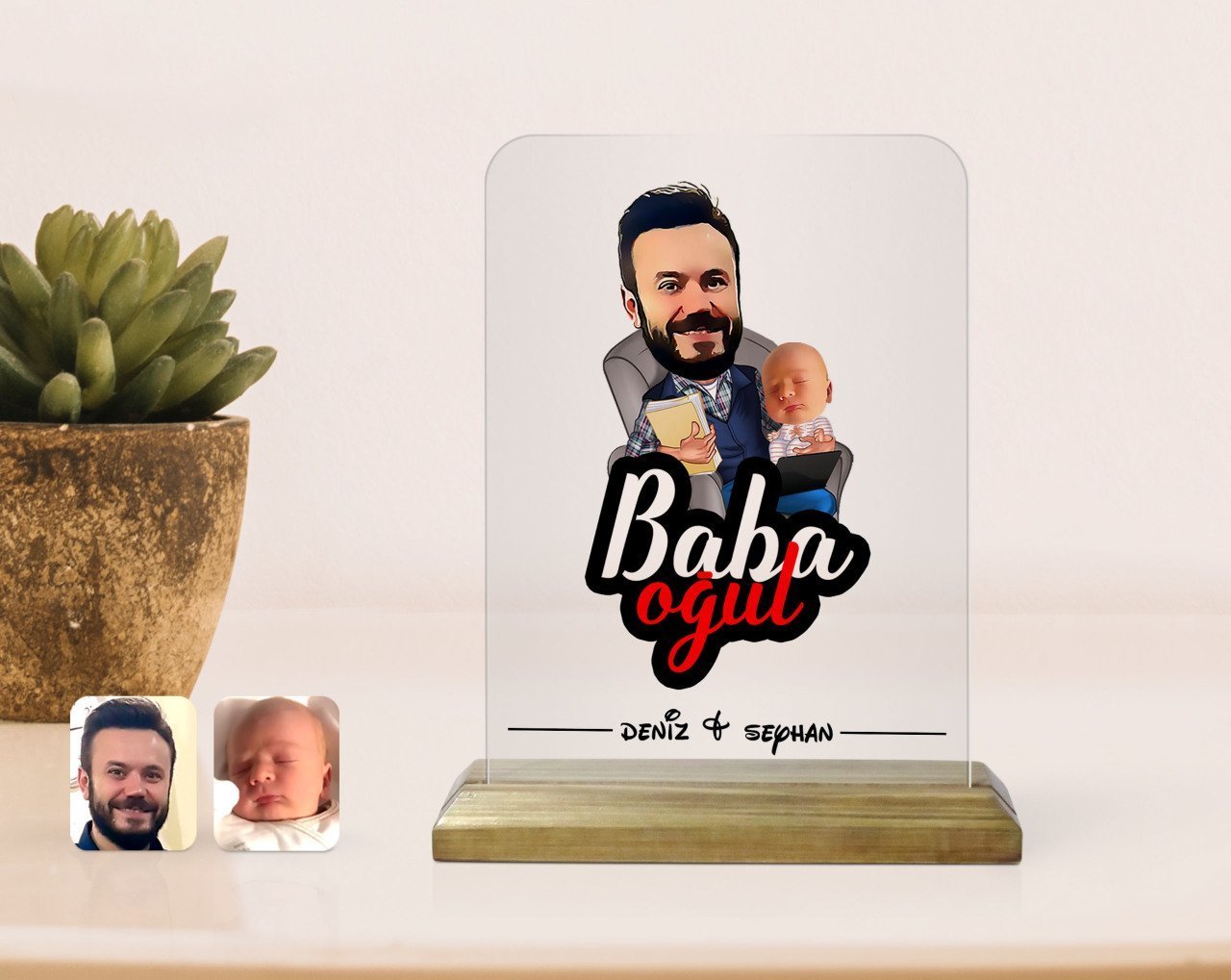 Kişiye Özel Baba Oğul Karikatürlü Ahşap Standlı Çerçeve-4