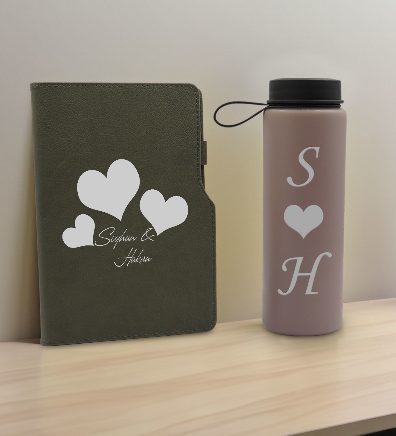 BK Gift Sevgiliye Özel İsimli Gri Termo Defter ve Gri Cam Matara Hediye Seti-1, Sevgiliye Hediye, Sevgililer Günü, Yeni İş Hediyesi