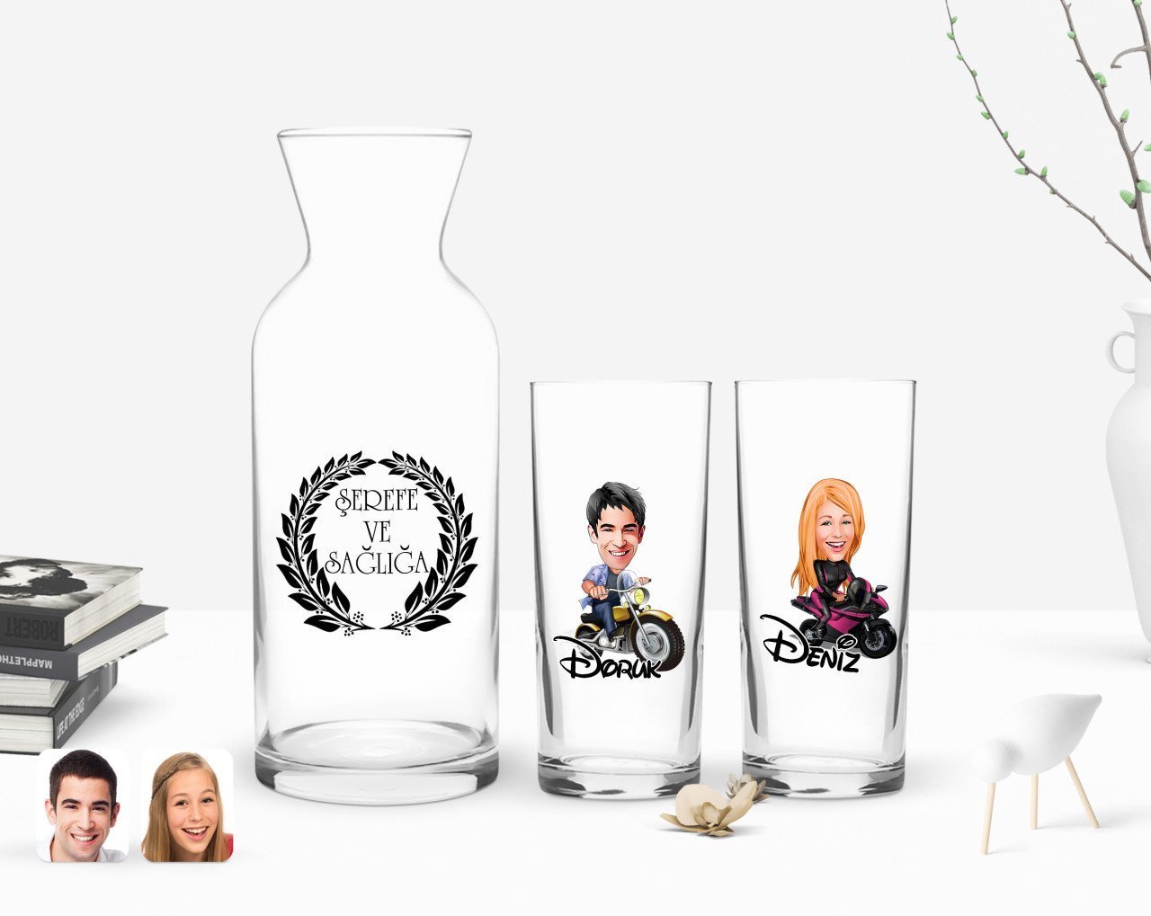 Kişiye Özel Renkli Baskılı Erkek ve Kadın Karikatürlü İkili Rakı Bardağı ve Karaf Hediye Seti-8