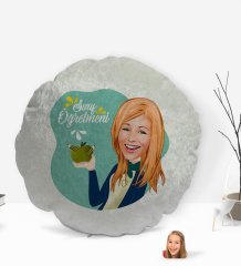 Kişiye Özel Kadın Sınıf Öğretmeni Karikatürlü Yuvarlak Dekoratif Kırlent Yastık-1