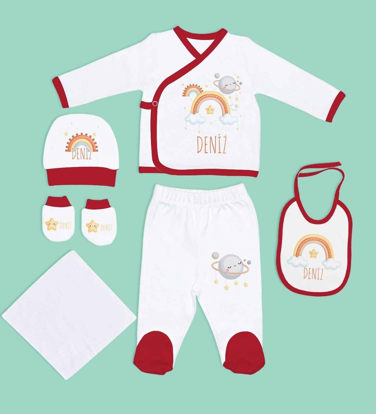 BK Kids Kişiye Özel Hastane Çıkışı, Bebek Kıyafeti, Yeni Doğan Bebek Hediyesi, 6 Parça Kırmızı Bebek Elbise Giyim Seti-3