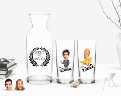 Kişiye Özel Renkli Baskılı Erkek ve Kadın Karikatürlü İkili Rakı Bardağı ve Karaf Hediye Seti-7