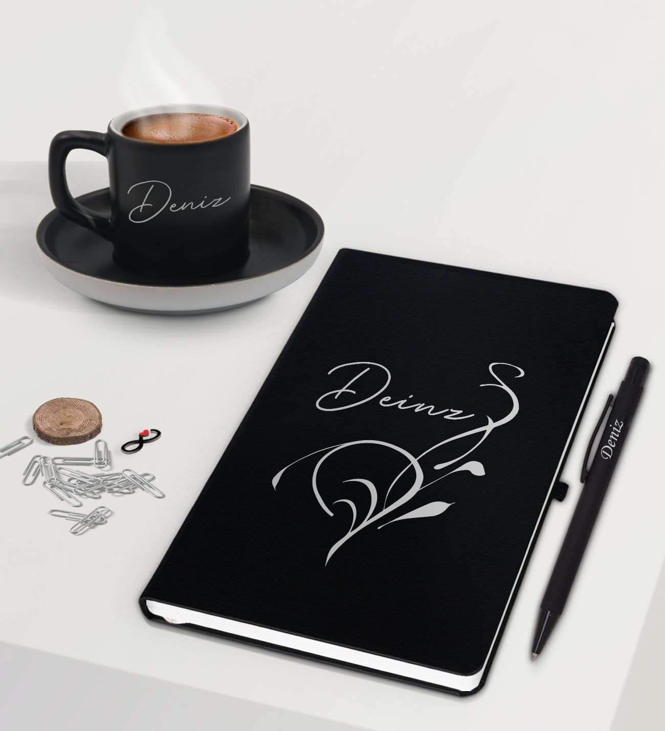 BK Gift Kişiye Özel İsimli Siyah Defter Kalem ve Türk Kahvesi Fincanı Hediye Seti-6, Arkadaşa Hediye, Sevgiliye Hediye, Yeni İş Hediyesi