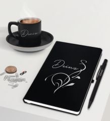 BK Gift Kişiye Özel İsimli Siyah Defter Kalem ve Türk Kahvesi Fincanı Hediye Seti-6, Arkadaşa Hediye, Sevgiliye Hediye, Yeni İş Hediyesi