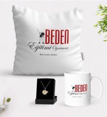 Kişiye Özel Beden Eğitimi Öğretmeni Beyaz Kupa Yastık ve İsimli Papatya Kolye Hediye Seti