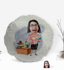 Kişiye Özel Kadın Öğretmen Karikatürlü Yuvarlak Dekoratif Kırlent Yastık-5