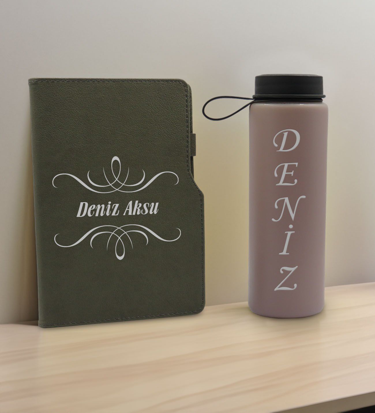 BK Gift Kişiye  Özel İsimli Mat Gri Termo Deri Defter ve Cam Matara Hediye Seti-7, Sevgiliye Hediye, Arkadaşa Hediye, Yeni İş Hediyesi