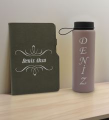 BK Gift Kişiye  Özel İsimli Mat Gri Termo Deri Defter ve Cam Matara Hediye Seti-7, Sevgiliye Hediye, Arkadaşa Hediye, Yeni İş Hediyesi