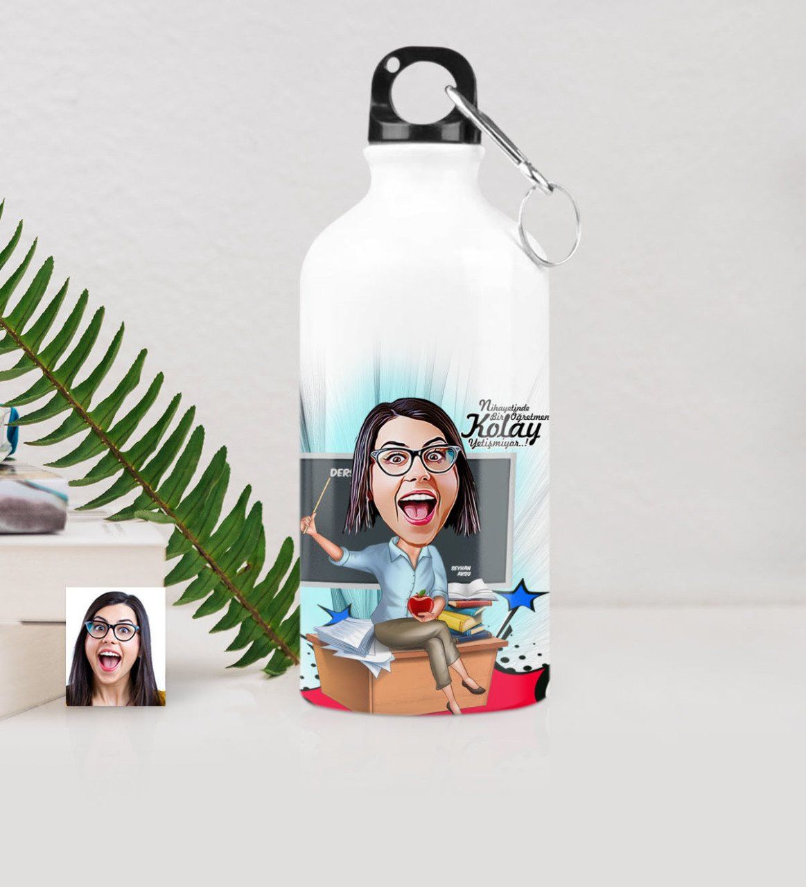Kişiye Özel Bayan Öğretmen Karikatürlü Metal Suluk (500 ml.) 2