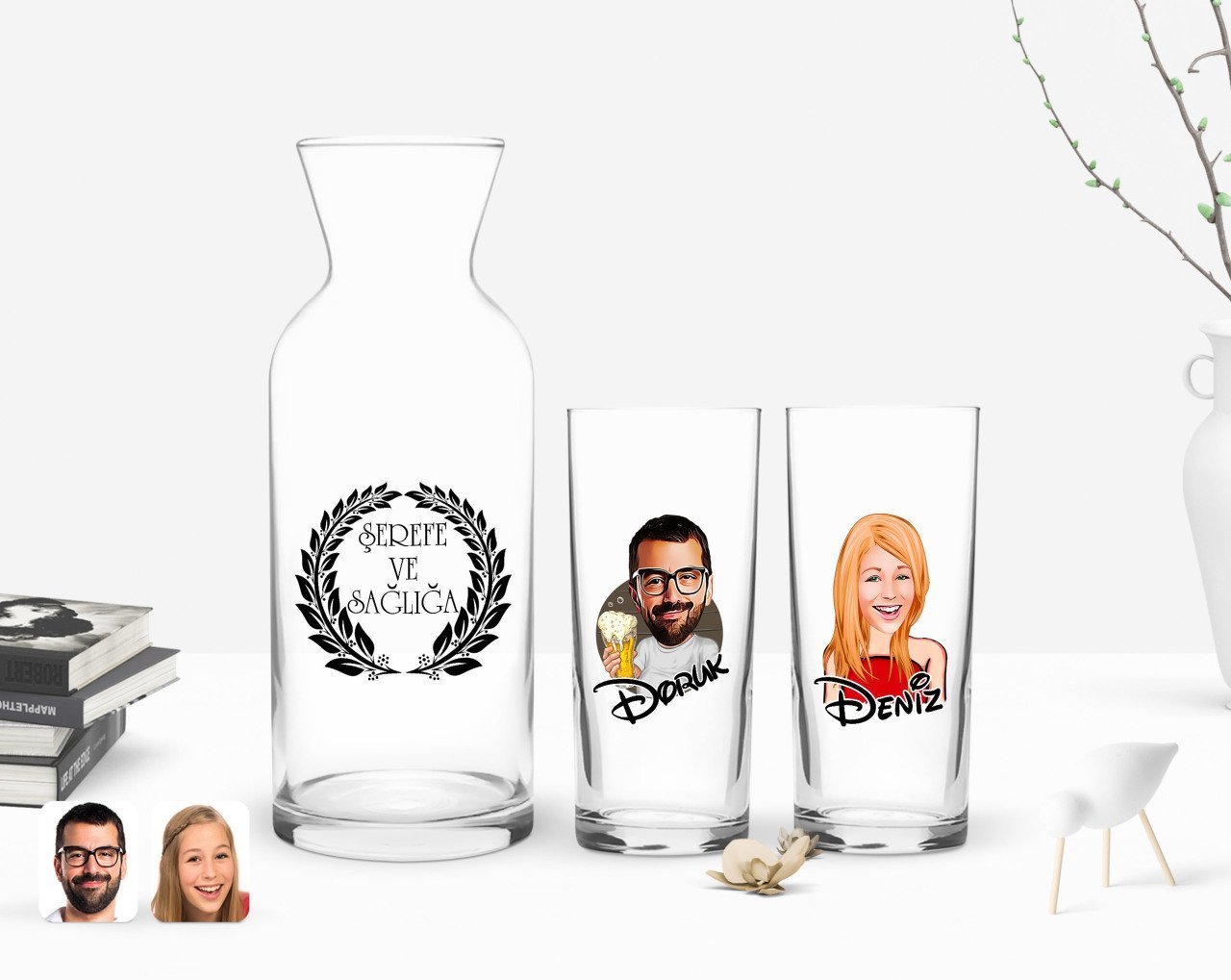 Kişiye Özel Renkli Baskılı Erkek ve Kadın Karikatürlü İkili Rakı Bardağı ve Karaf Hediye Seti-6