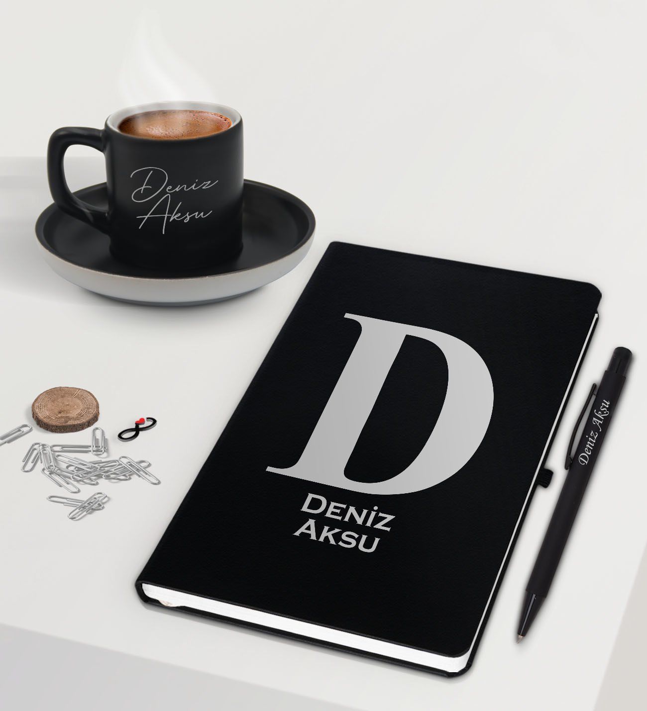 BK Gift Kişiye Özel İsimli Siyah Defter Kalem ve Türk Kahvesi Fincanı Hediye Seti-5, Arkadaşa Hediye, Sevgiliye Hediye, Yeni İş Hediyesi
