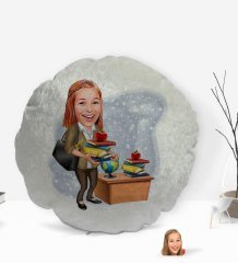 Kişiye Özel Kadın Öğretmen Karikatürlü Yuvarlak Dekoratif Kırlent Yastık-4