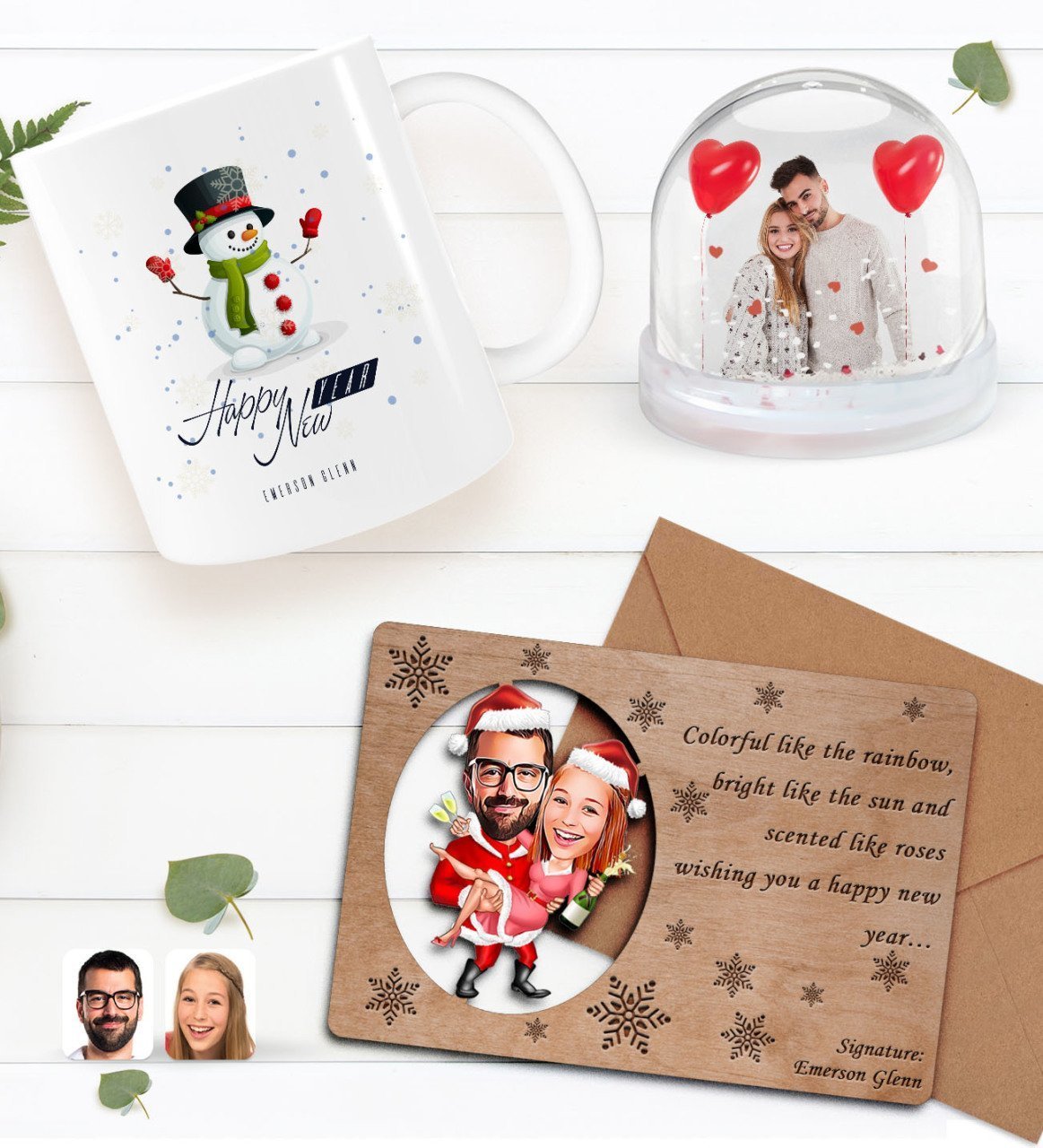 Kişiye Özel Fotoğraflı Kar Küresi & Happy New Year Kupa Bardak & Retro Ahşap Yılbaşı Tebrik Kartı Hediye Seti-2F