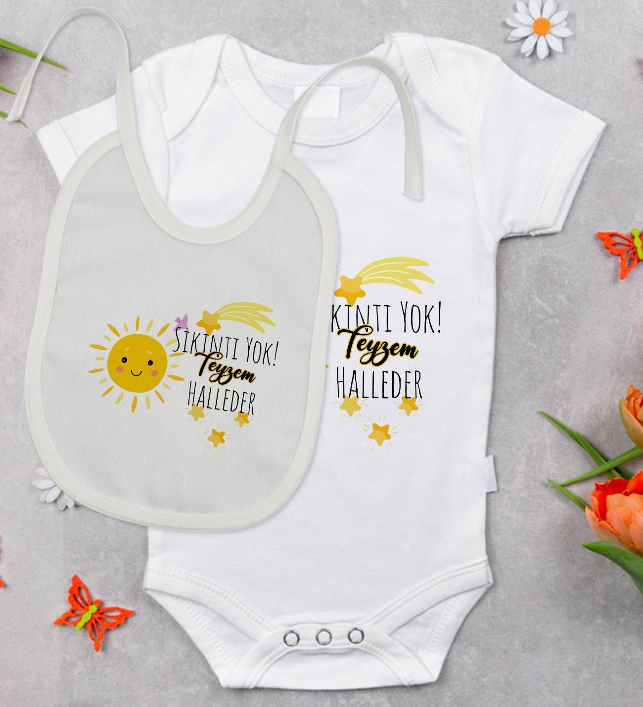 BK Kids Sıkıntı Yok Teyzem Halleder Tasarımlı Bebek Body Zıbın ve Mama Önlüğü Hediye Seti - Model 1