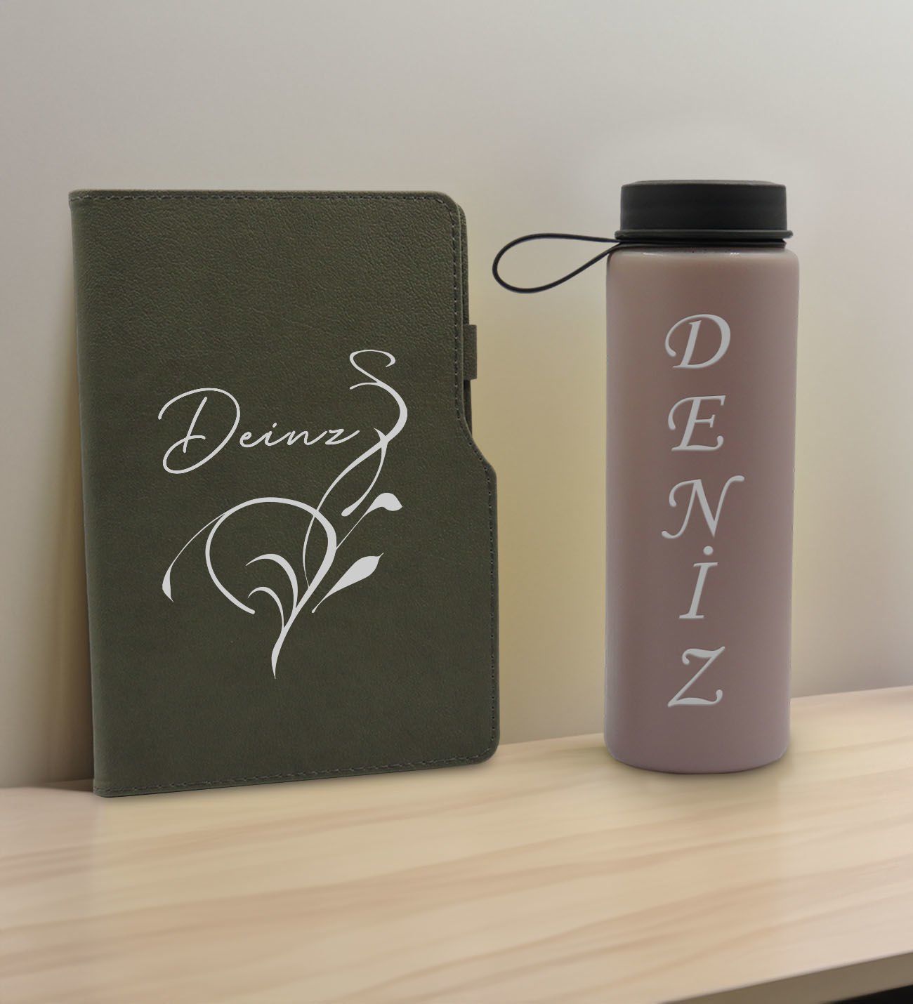 BK Gift Kişiye  Özel İsimli Mat Gri Termo Deri Defter ve Cam Matara Hediye Seti-6, Sevgiliye Hediye, Arkadaşa Hediye, Yeni İş Hediyesi