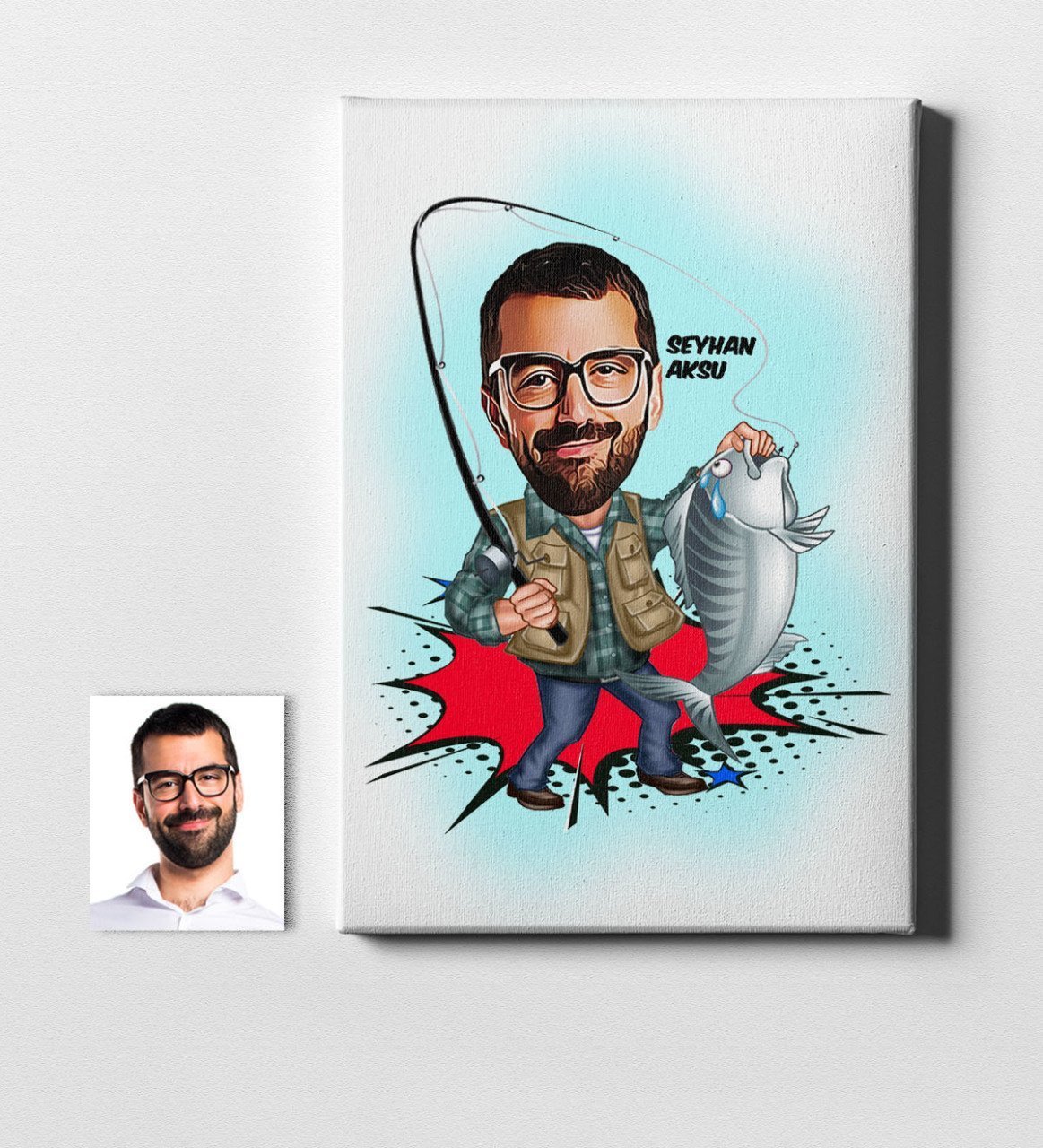 Kişiye Özel Bay Balıkçı Karikatür Kanvas Tablo (50 x 70 cm.) 1