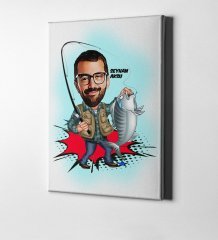Kişiye Özel Bay Balıkçı Karikatür Kanvas Tablo (50 x 70 cm.) 1