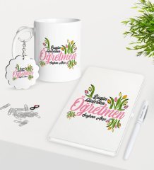 Kişiye Özel Bugün Günlerden Öğretmen Kupa Anahtarlık Beyaz Defter Kalem Hediye Seti-1