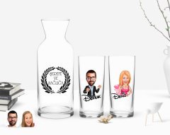 Kişiye Özel Renkli Baskılı Erkek ve Kadın Karikatürlü İkili Rakı Bardağı ve Karaf Hediye Seti-5