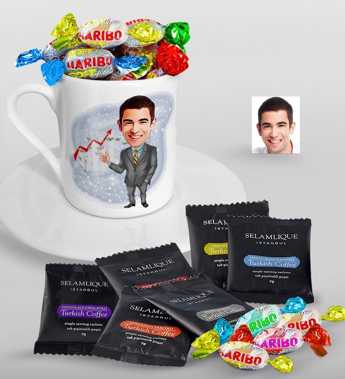 Kişiye Özel Bay Patron Karikatürlü Türk Kahvesi Fincanı Selamlique Karışık Türk Kahvesi ve Haribo Şeker Hediye Seti-4