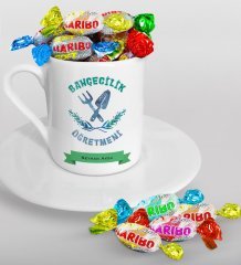 Kişiye Özel Bahçecilik Öğretmeni Türk Kahvesi Fincanı ve Haribo Şeker Hediye Seti-1