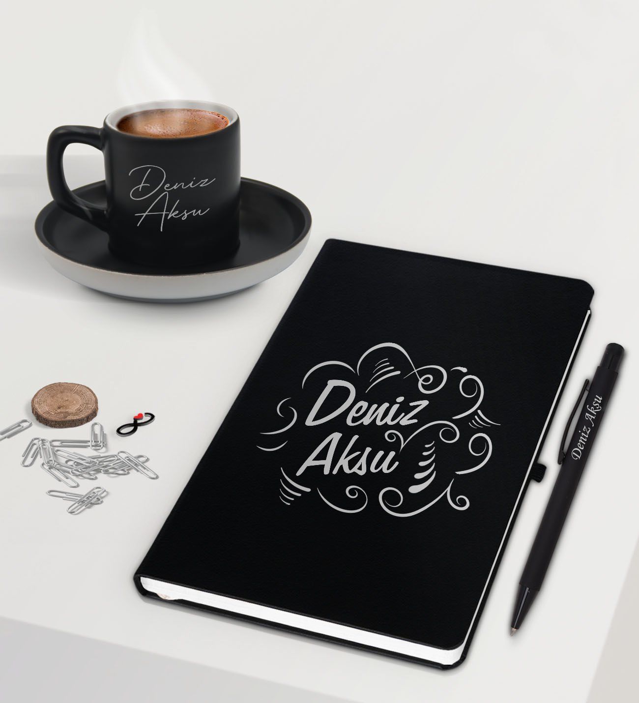 BK Gift Kişiye Özel İsimli Siyah Defter Kalem ve Türk Kahvesi Fincanı Hediye Seti-4, Arkadaşa Hediye, Sevgiliye Hediye, Yeni İş Hediyesi