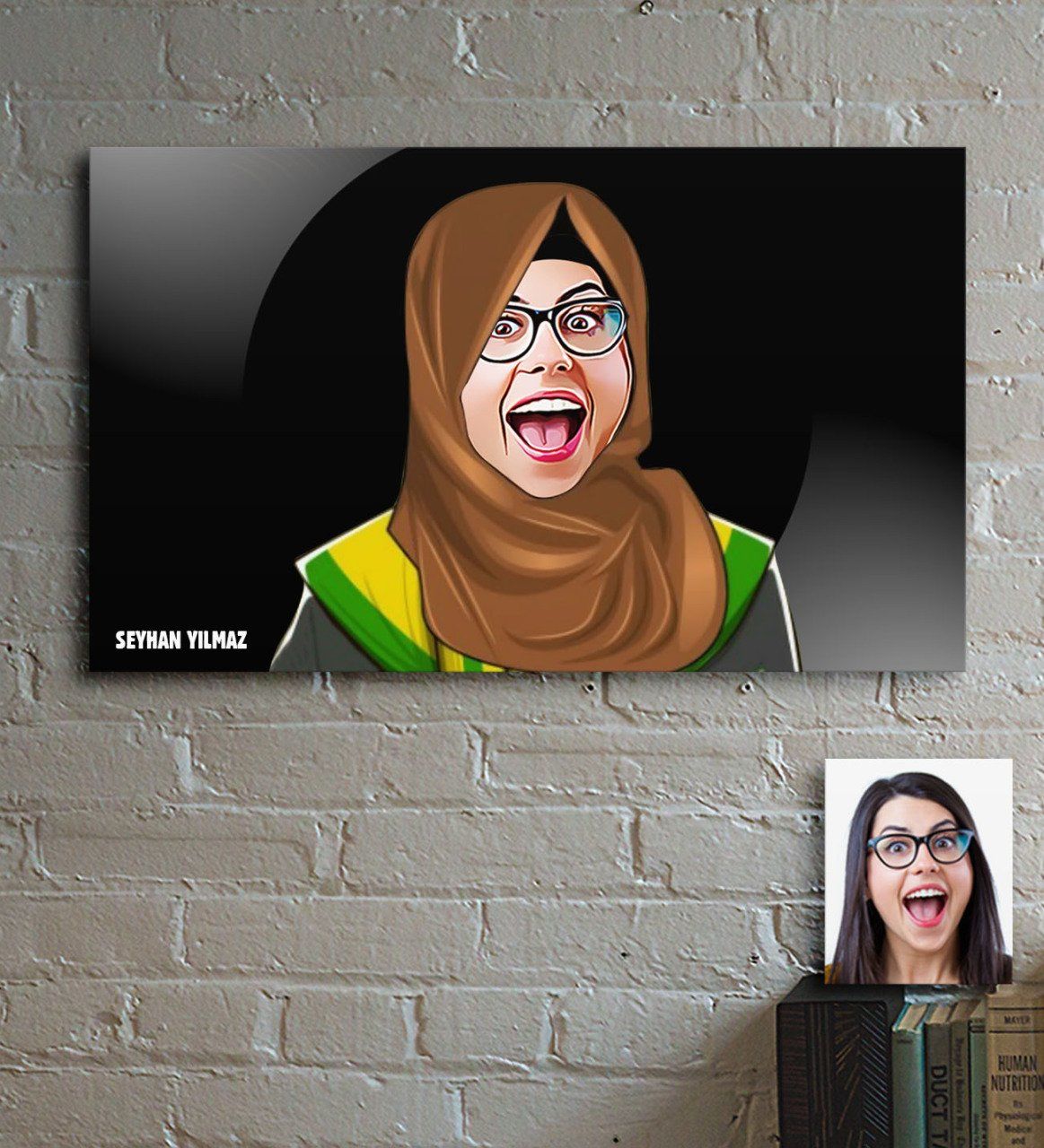 Kişiye Özel Tesettürlü Bayan Öğretmen Karikatürlü Ahşap Tablo - 3