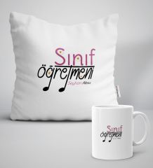 Kişiye Özel Sınıf Öğretmeni Beyaz Yastık Kupa Seti-16