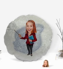 Kişiye Özel Kadın Öğretmen Karikatürlü Yuvarlak Dekoratif Kırlent Yastık-3