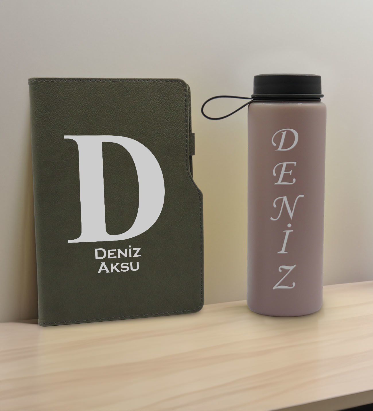 BK Gift Kişiye  Özel İsimli Mat Gri Termo Deri Defter ve Cam Matara Hediye Seti-5, Sevgiliye Hediye, Arkadaşa Hediye, Yeni İş Hediyesi